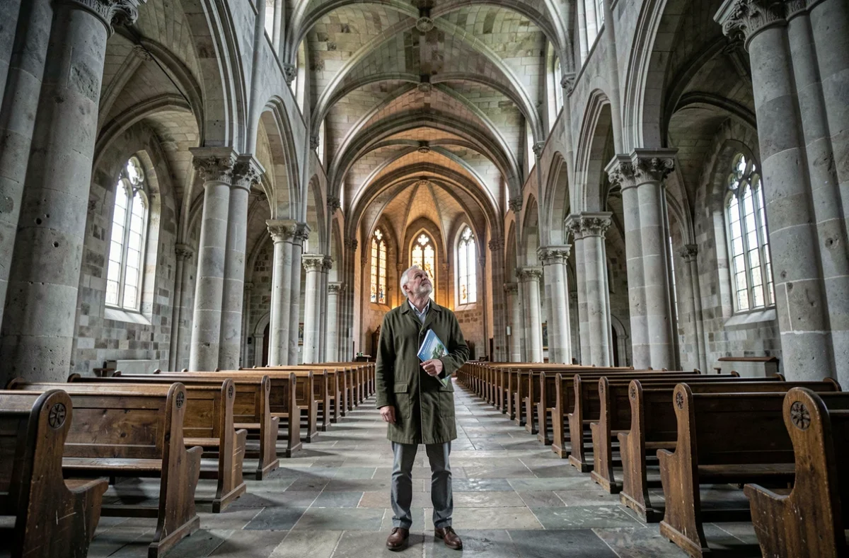 Nef romane de l'Abbaye de la Trinité de Fécamp avec voûtes en pierre et visiteur contemplant l'architecture médiévale