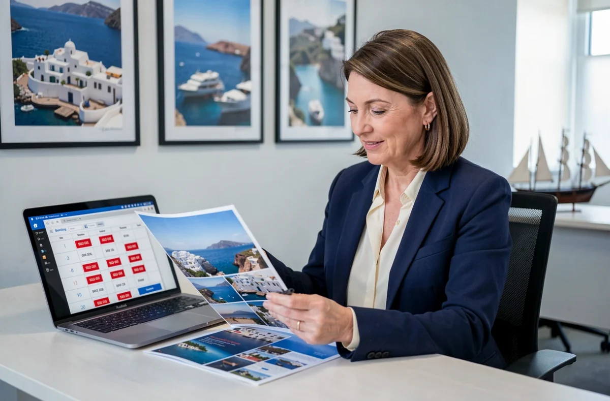 Agente de voyage consultante en agence analysant les brochures de croisières à Santorin avec calendrier de réservations complet sur l'écran