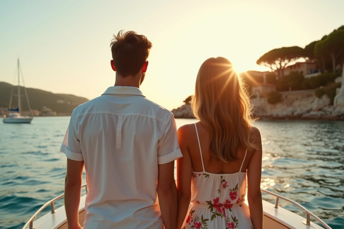 Deux amis regardant la mer au coucher du soleil à Porquerolles