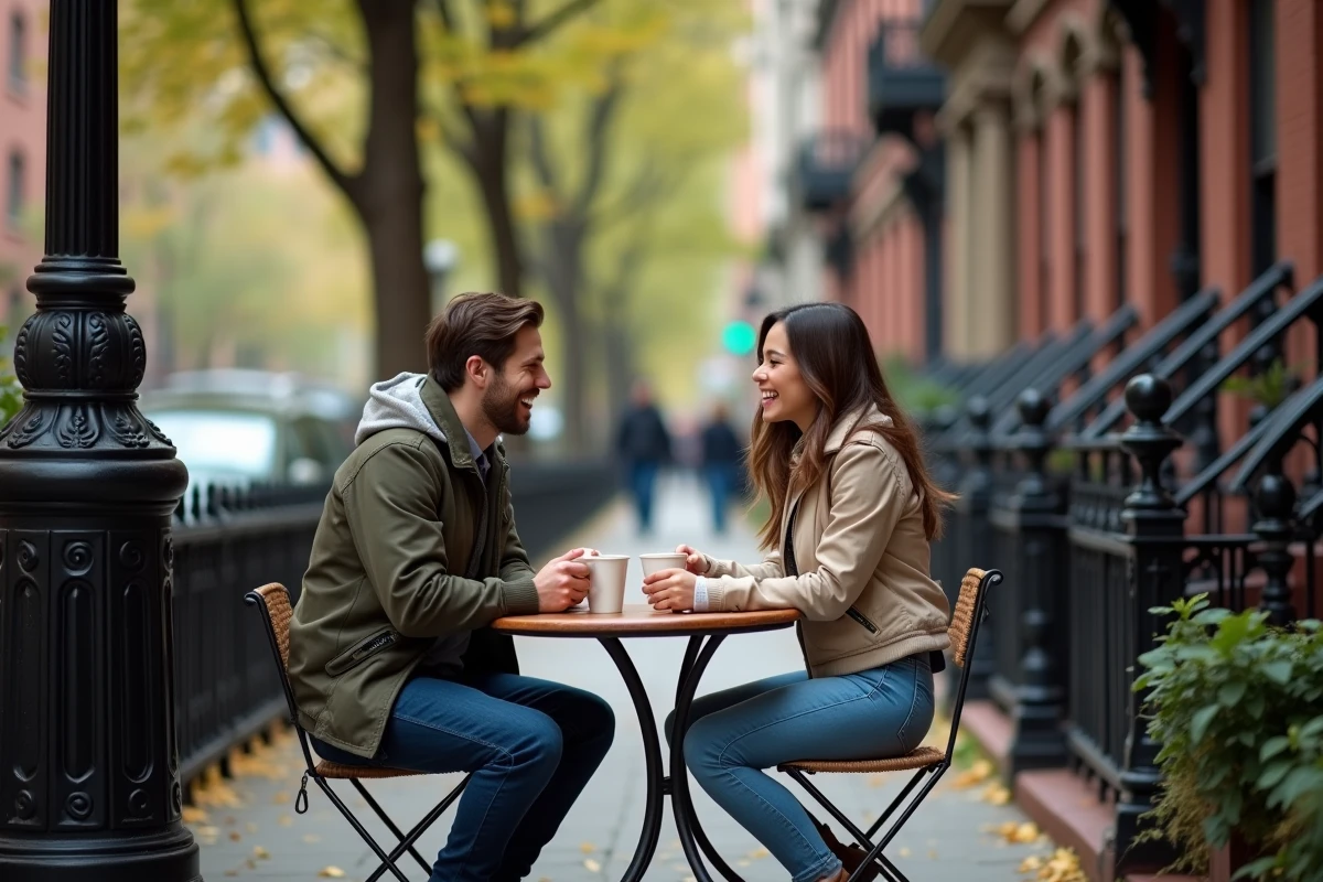 Deux amis souriants dans un café en plein air à Greenwich
