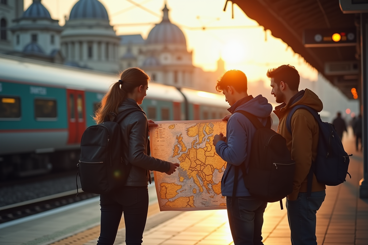 Amis avec sacs à dos étudiant une carte à la gare en Europe
