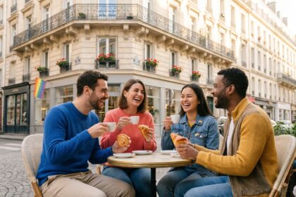 Groupe d'amis diversifiés riant en terrasse de café dans le Marais à Paris, avec un drapeau arc-en-ciel visible en arrière-plan