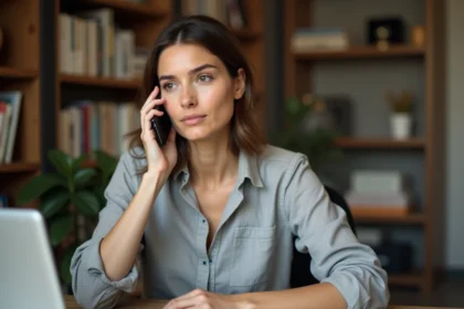 Femme en télétravail consultant un fuseau horaire sur son téléphone pour appeler La Réunion au bon moment