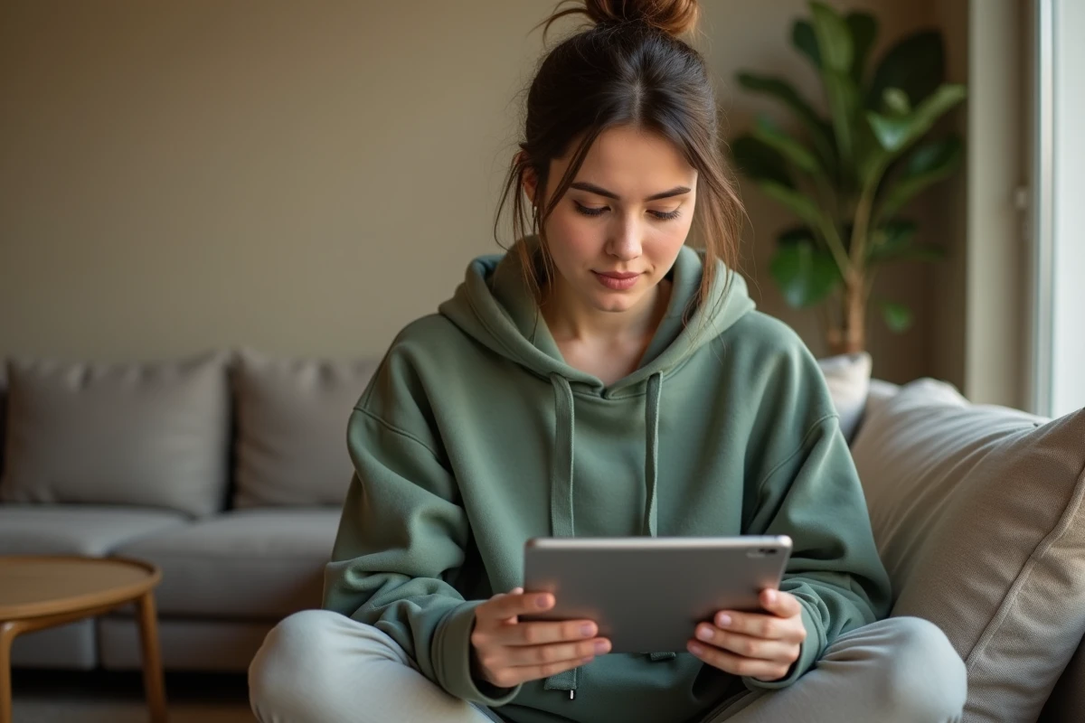 Jeune femme consultant une application de fuseaux horaires sur tablette pour planifier un appel vers La Réunion