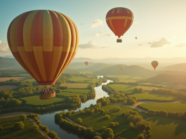 Famille en montgolfière sur les vignobles en France