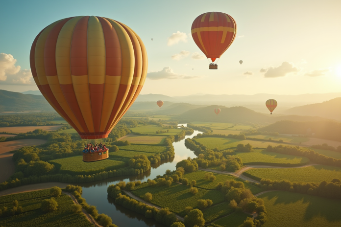 Famille en montgolfière sur les vignobles en France