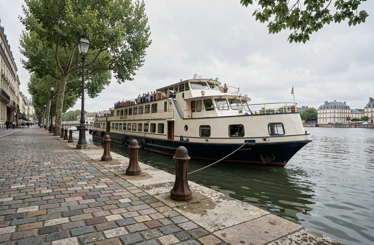 Bateau de croisière fluviale amarré aux quais de Nantes sur la Loire, vue depuis le bord de l'eau