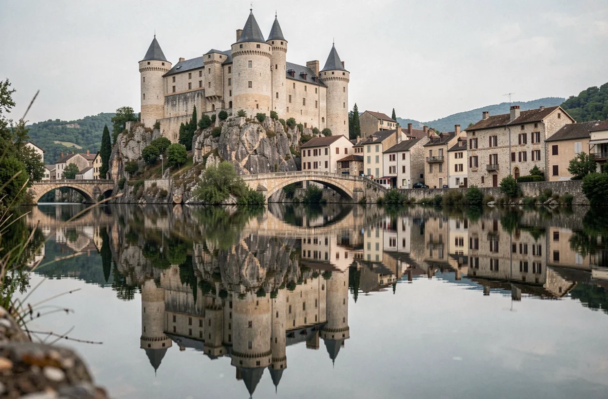 Le château restauré de Belcastel et ses tours médiévales se reflétant dans les eaux calmes de l'Aveyron avec le vieux pont en pierre au premier plan