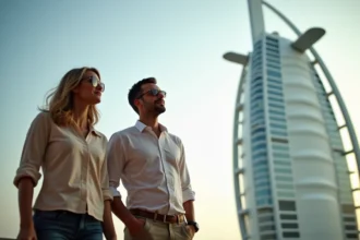 Couple élégant devant l'hôtel Burj Al Arab à Dubaï, illustrant un séjour de luxe avec budget élevé en 2026