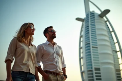 Couple élégant devant l'hôtel Burj Al Arab à Dubaï, illustrant un séjour de luxe avec budget élevé en 2026