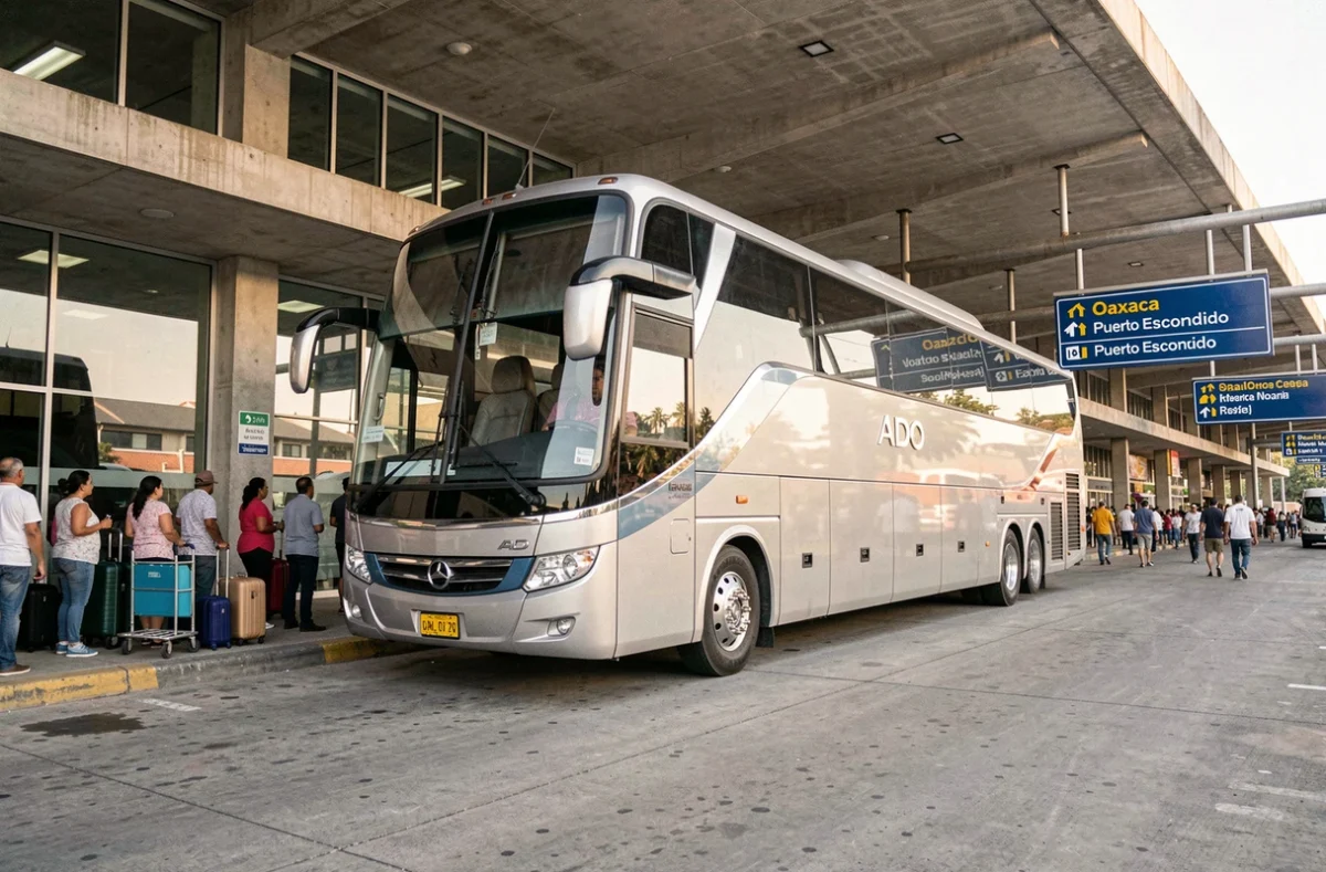 Bus longue distance ADO dans un terminal mexicain avec passagers en attente et panneaux de destination pour Oaxaca