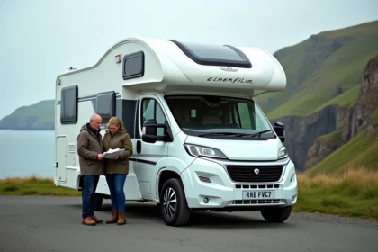 Camping-car blanc garé sur l'île de Man avec vue sur les falaises côtières et la mer d'Irlande