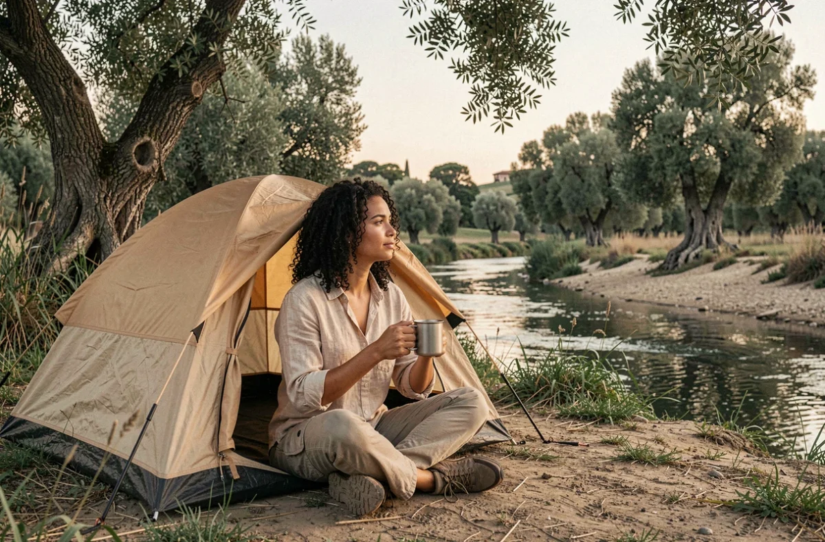 Femme en bivouac sauvage au bord d'une rivière toscane en Italie avec tente légère