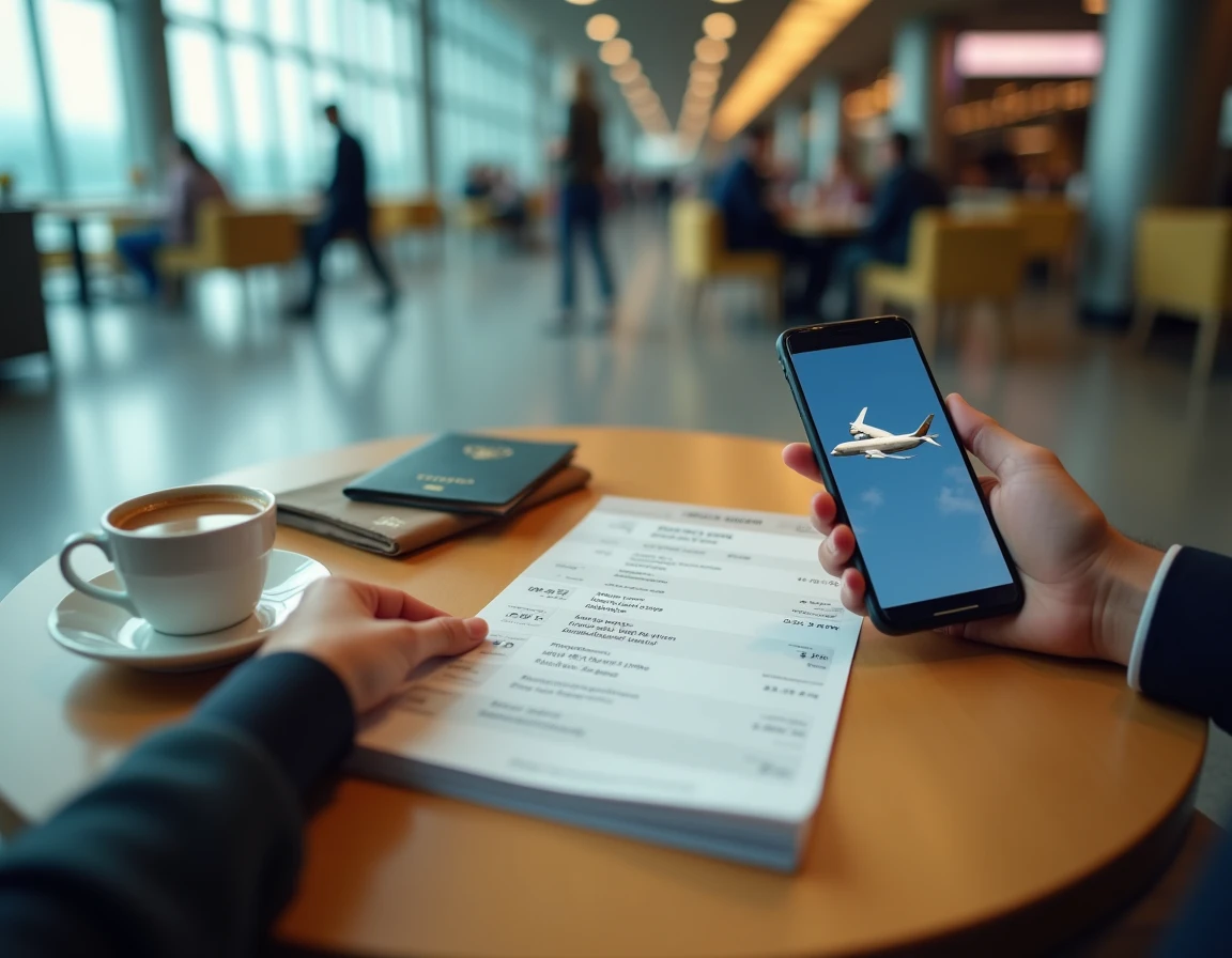 Carte d'embarquement Etihad Airways et comparateur de prix de vols sur smartphone dans un salon d'aéroport