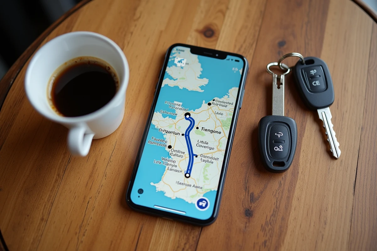 Vue de dessus d'un smartphone affichant un trajet Carte Michelin posé sur une table de café avec clés de voiture