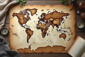 Carte du monde vintage centrée sur l'océan Indien avec l'archipel des Maldives visible, entourée d'accessoires de voyage sur une table en bois