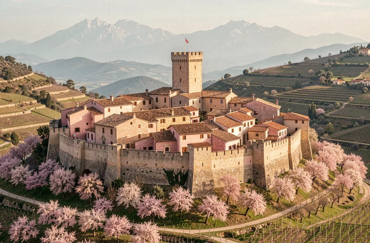 Le village fortifié de Castelnou avec son château médiéval en pierre rose catalane sur sa colline, vergers en terrasses et Pyrénées en arrière-plan