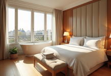 Chambre d'hôtel luxe à Paris avec jacuzzi et lumière naturelle