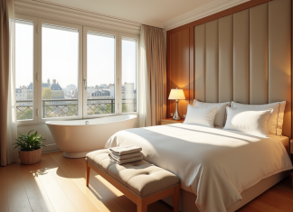 Chambre d'hôtel luxe à Paris avec jacuzzi et lumière naturelle
