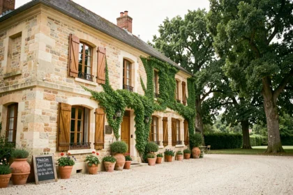 Façade d'une chambre d'hôtes typique dans l'Oise, maison en pierre avec volets en bois et cour en gravier