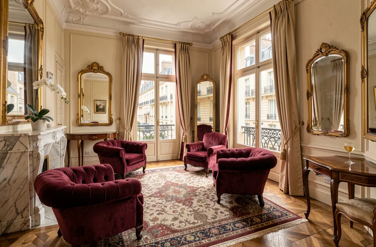 Salon Belle Époque luxueux du Champagne Banque à Épernay converti en suite de gîte avec cheminée en marbre et parquet ancien