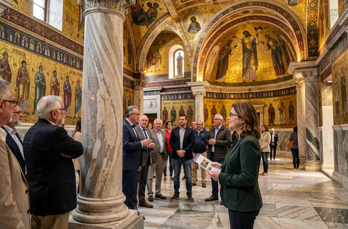Intérieur de la Chapelle Palatine du Palais des Normands avec ses mosaïques byzantines dorées et des visiteurs en visite guidée