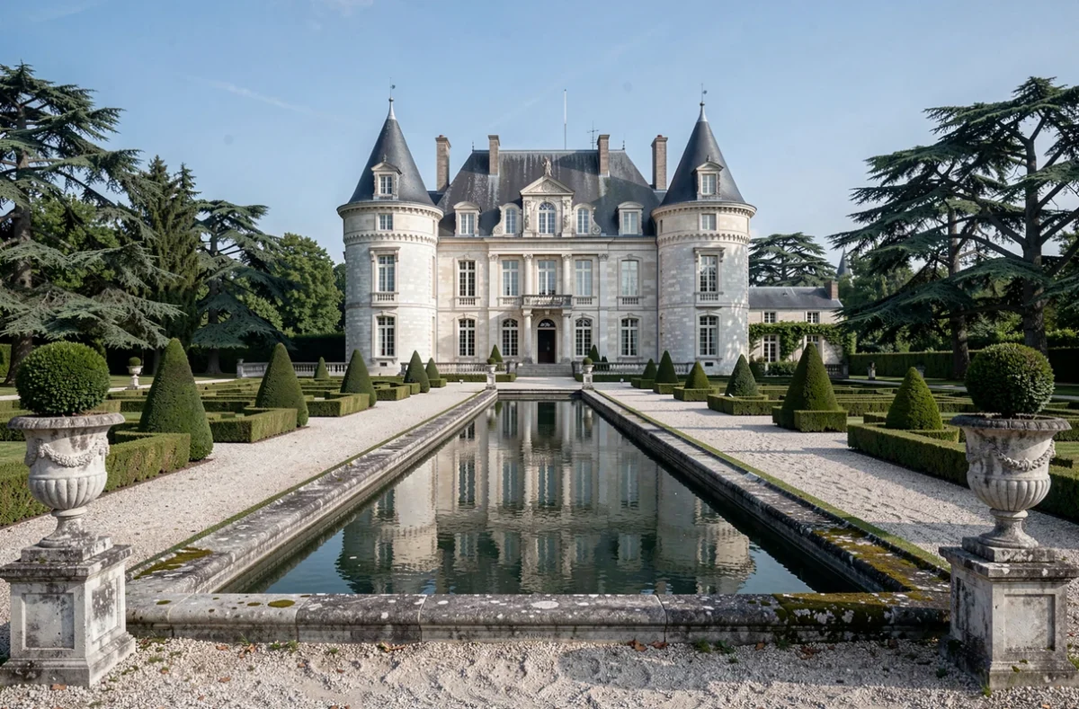 Château de la Couronne en Charente-Maritime, façade en calcaire avec jardins à la française et bassin réfléchissant