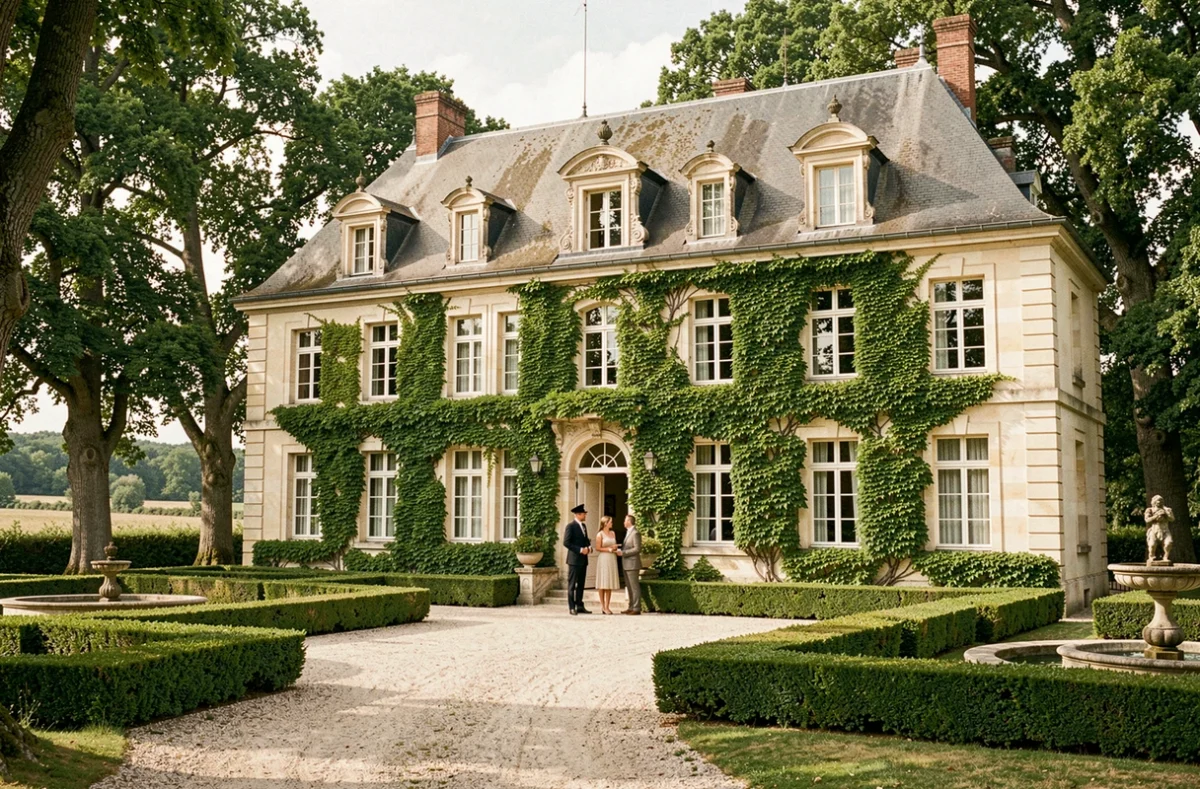 Façade majestueuse du Château du Boisniard en pierres de tuffeau avec cour en graviers, haies taillées et couple accueilli par un concierge en uniforme