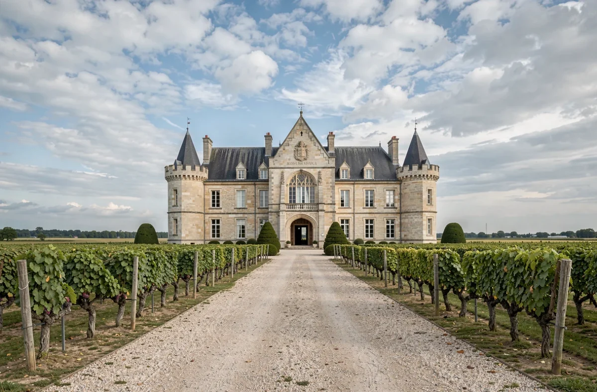 Château Maucaillou en Gironde, façade néo-gothique du Médoc entourée de rangs de vignes sous un ciel bordelais
