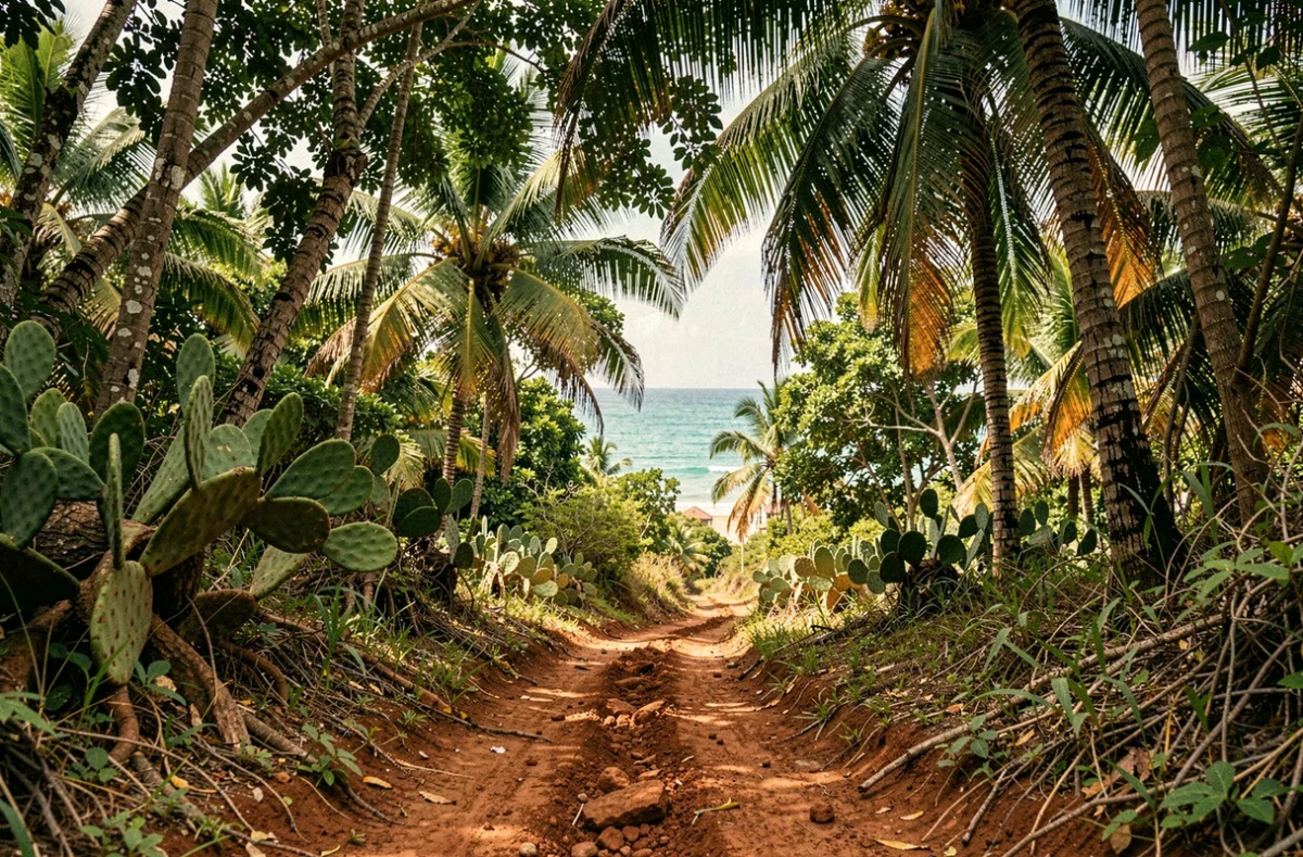 Chemin de terre tropical menant vers la côte pacifique de Mazunte au Mexique entouré de palmiers et de végétation dense