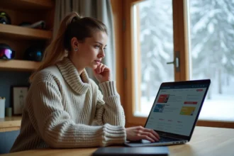 Femme comparant des forfaits de ski pas chers en ligne sur un ordinateur portable dans un chalet de montagne