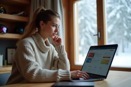 Femme comparant des forfaits de ski pas chers en ligne sur un ordinateur portable dans un chalet de montagne