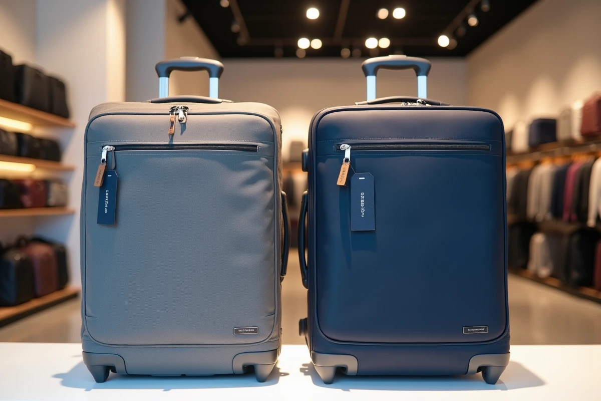 Comparatif de deux valises 15 kg, une rigide et une souple, exposées dans un magasin de bagages