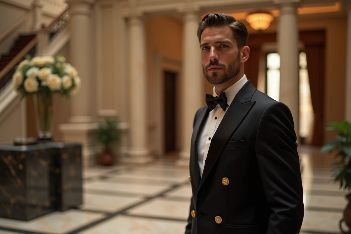 Concierge en tuxedo accueillant dans un hall somptueux