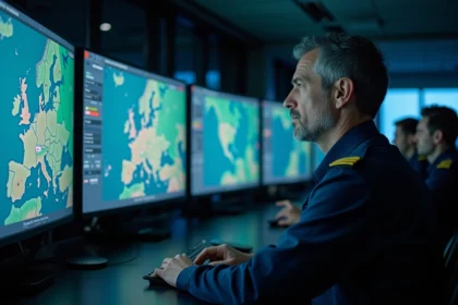 Contrôleur aérien surveillant des radars de suivi d'avions en temps réel dans un centre de contrôle