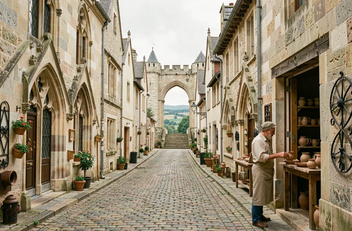 La rue principale de Cordes-sur-Ciel avec ses maisons gothiques en pierre et un artisan travaillant dans son atelier ouvert sur la rue pavée