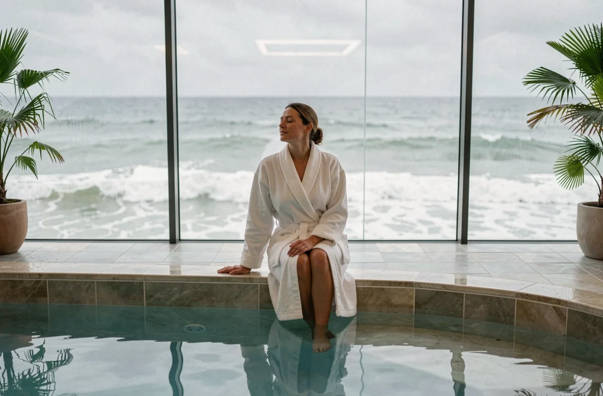 Piscine d'eau de mer intérieure du Côte Ouest Hôtel Thalasso aux Sables-d'Olonne, femme en peignoir blanc au bord du bassin avec vue panoramique sur l'Atlantique