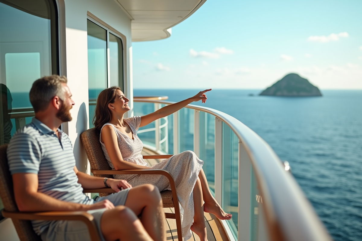 Jeune couple riant sur un balcon de croisiere
