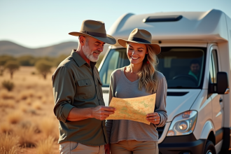 Couple souriant avec van en Australie dans le bush