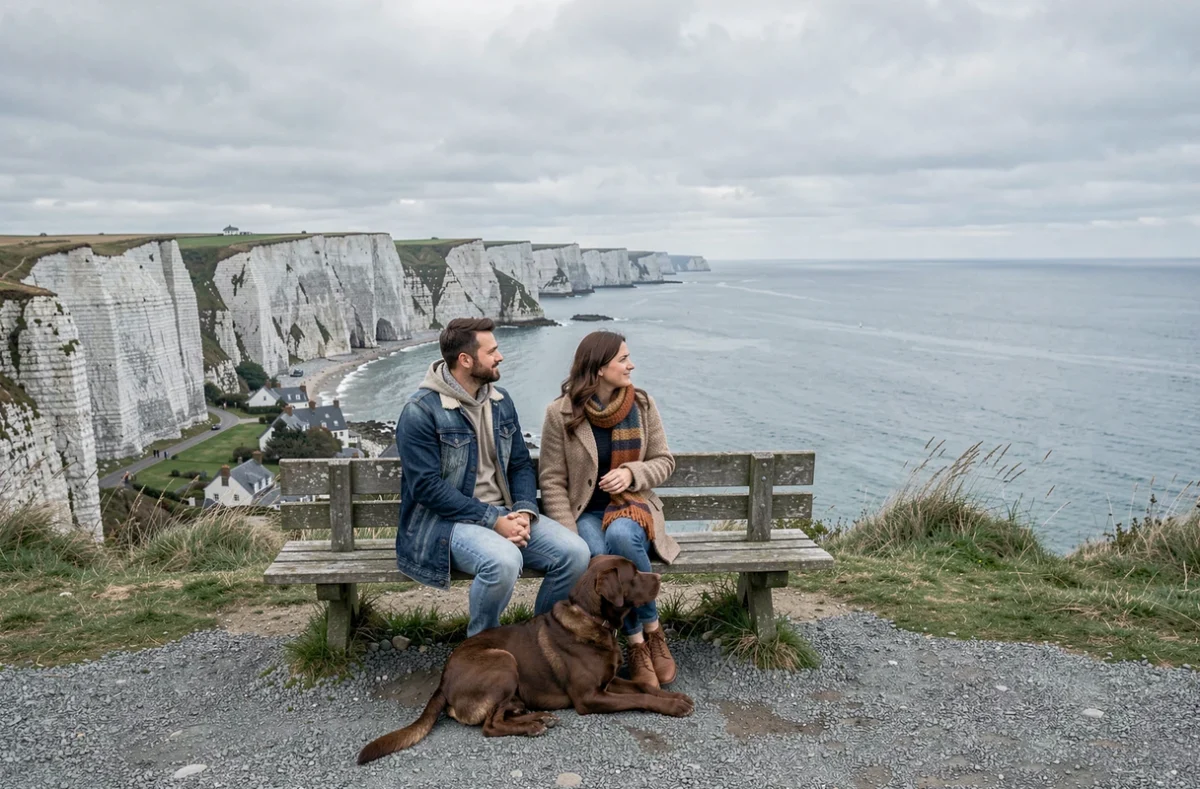 Couple avec leur labrador assis sur un banc au belvédère des falaises d'Ault, profitant de la vue sur la Manche en toute sécurité avec leur chien