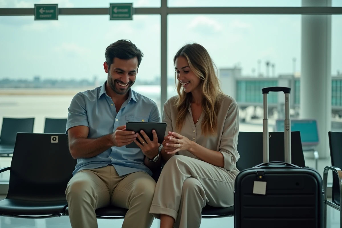 Couple comparant les forfaits roaming pour le Maroc sur une tablette à l'aéroport