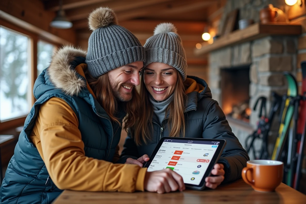 Couple comparant des forfaits de ski pas chers sur tablette dans un chalet de montagne