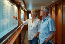 Couple d'âge moyen examinant un plan de croisière dans le couloir