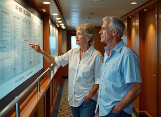 Meilleurs conseils pour choisir l’emplacement idéal de votre cabine sur un navire de croisière : faut-il éviter certains emplacements ? Couple d'âge moyen examinant un plan de croisière dans le couloir
