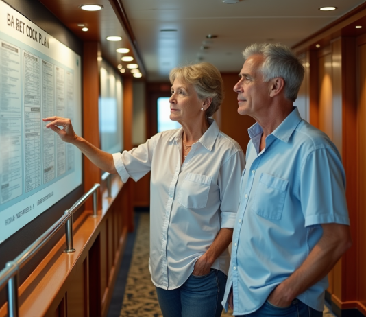 Couple d'âge moyen examinant un plan de croisière dans le couloir