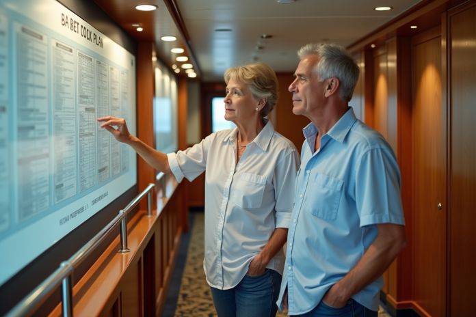 Couple d'âge moyen examinant un plan de croisière dans le couloir
