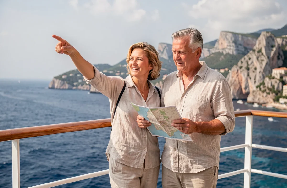 Couple de voyageurs sur le pont d'un bateau de croisière avec vue sur la côte monégasque depuis Nice