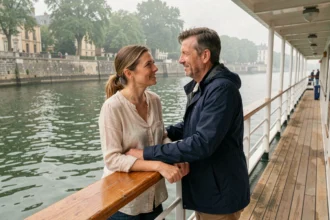 Couple sur le pont d'un bateau de croisière fluviale sur la Loire à Nantes, regardant les quais historiques