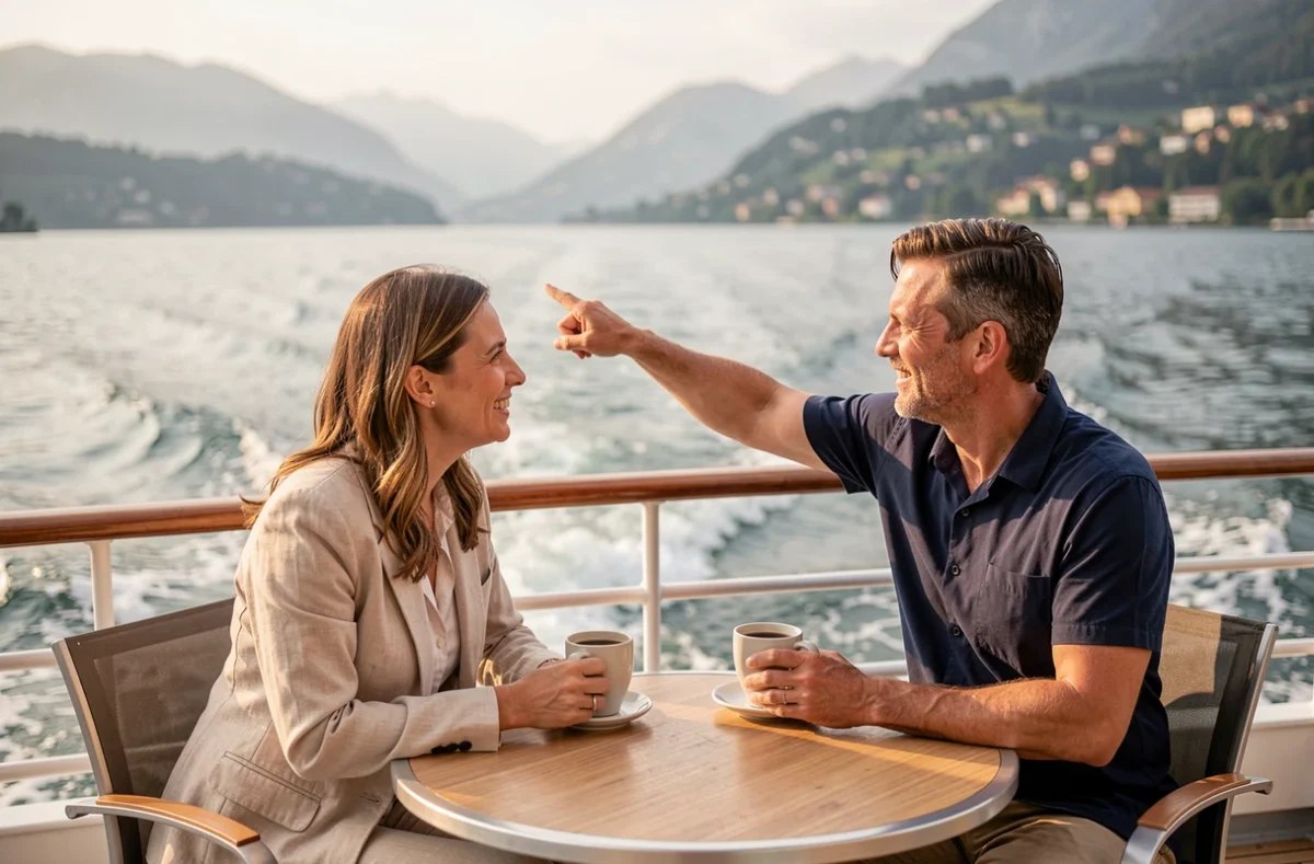 Couple profitant d'une croisière sur le lac Léman depuis le pont extérieur d'un bateau