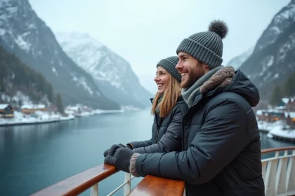 Couple souriant sur un bateau en Norvege avec fjords enneiges